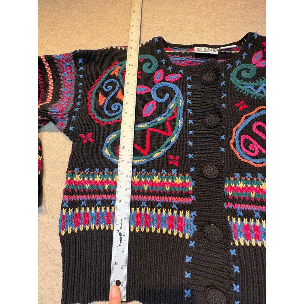 Vintage 90s Sigrid Olsen Embroidered Paisley Cardigan Sweater Black XL Cotton - Picture 7 of 8